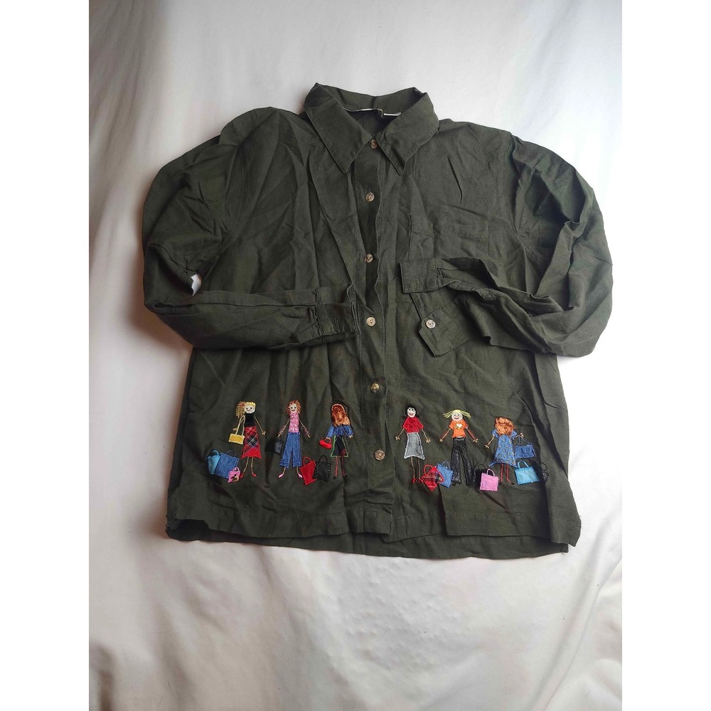 Lemon Grass Olive Green Embroidered Shop Til You Drop Linen Blend Shirt Large